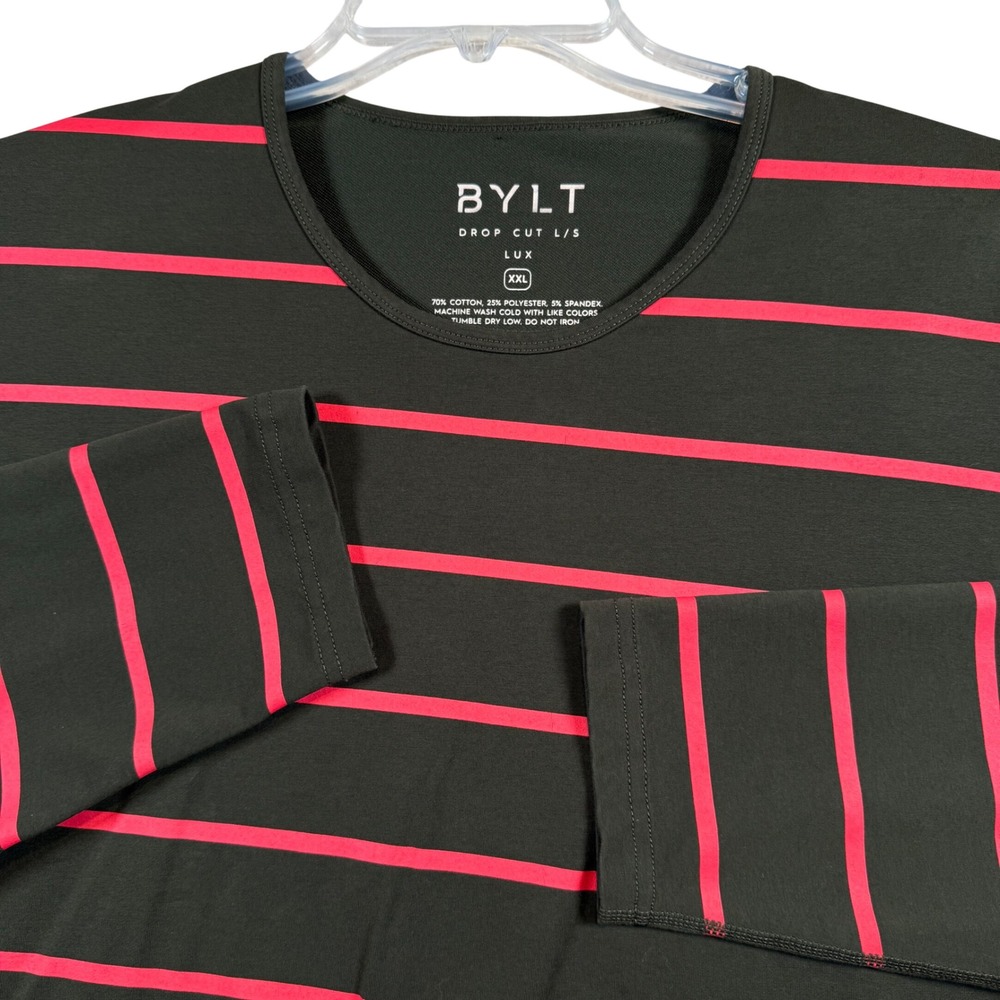 BYLT Drop Cut L/S Men XXL Brown Red Striped Lux Cotton Blend Curved Hem Shirt